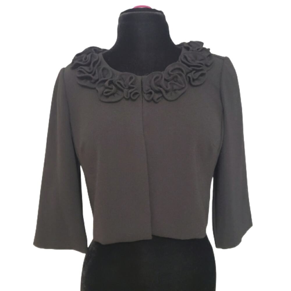 Danny & Nicole Black Ruffled Rosette Neckline Cropped Bolero Jacket 10P Petite